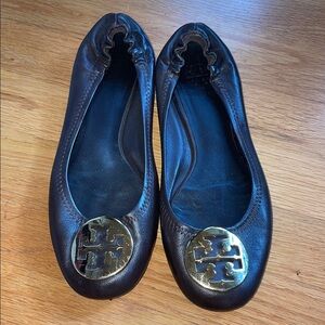Tory Burch Brown Flats with Rounded Toe and Metallic Gold Emblem 8